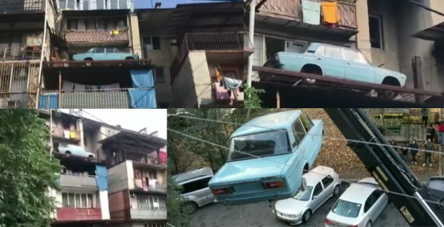 «шестерка» припаркованная на балконе в Тбилиси была снята